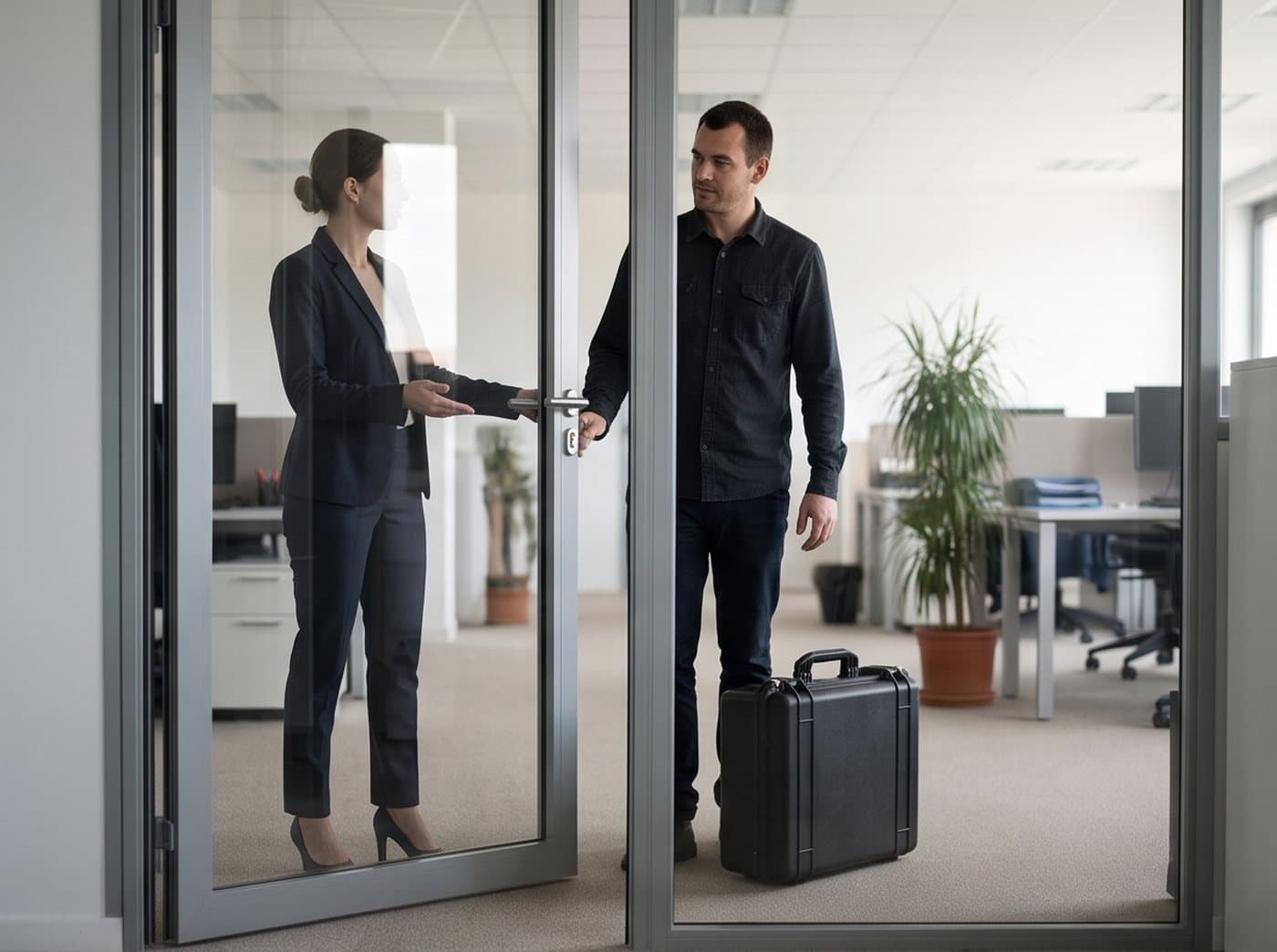 Une collaboratrice ouvre la porte vitrée des bureaux à un technicien, sa valise de transport posée au sol.