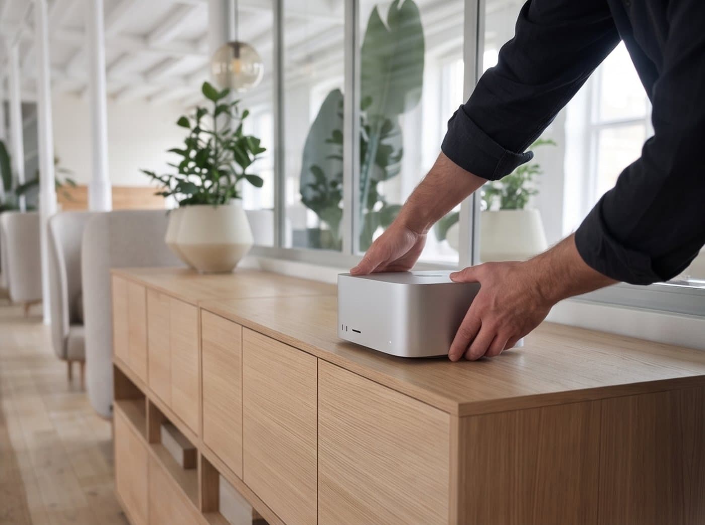 Deux mains posent la Boîte sur un meuble bas en bois clair, dans un bureau lumineux.