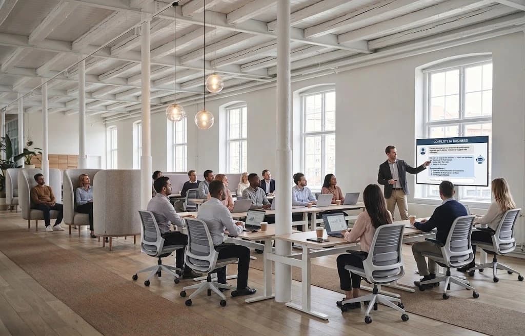 Une douzaine de collaborateurs assis à leurs bureaux dans un plateau lumineux, tournés vers un formateur qui commente une présentation projetée sur un grand écran.