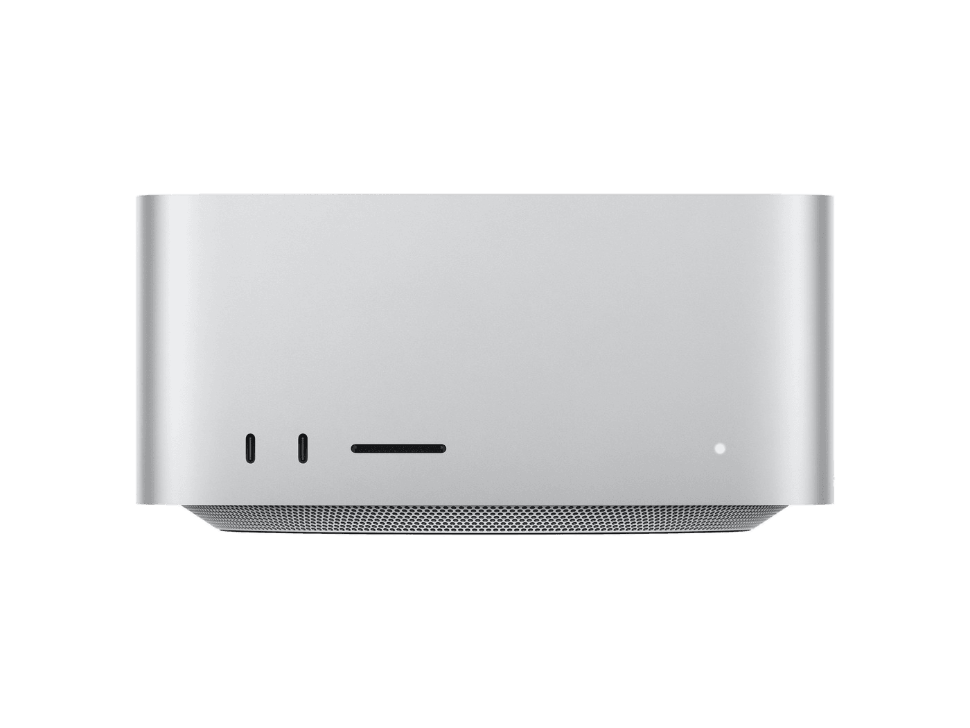 Un Mac Studio gris, vu de face, détouré sur le fond de la page.